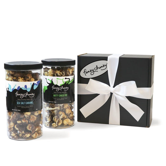 Salty Sweet Duo: Sea Salt Caramel & Nutty Choco Pop 19 oz Tall Canisters