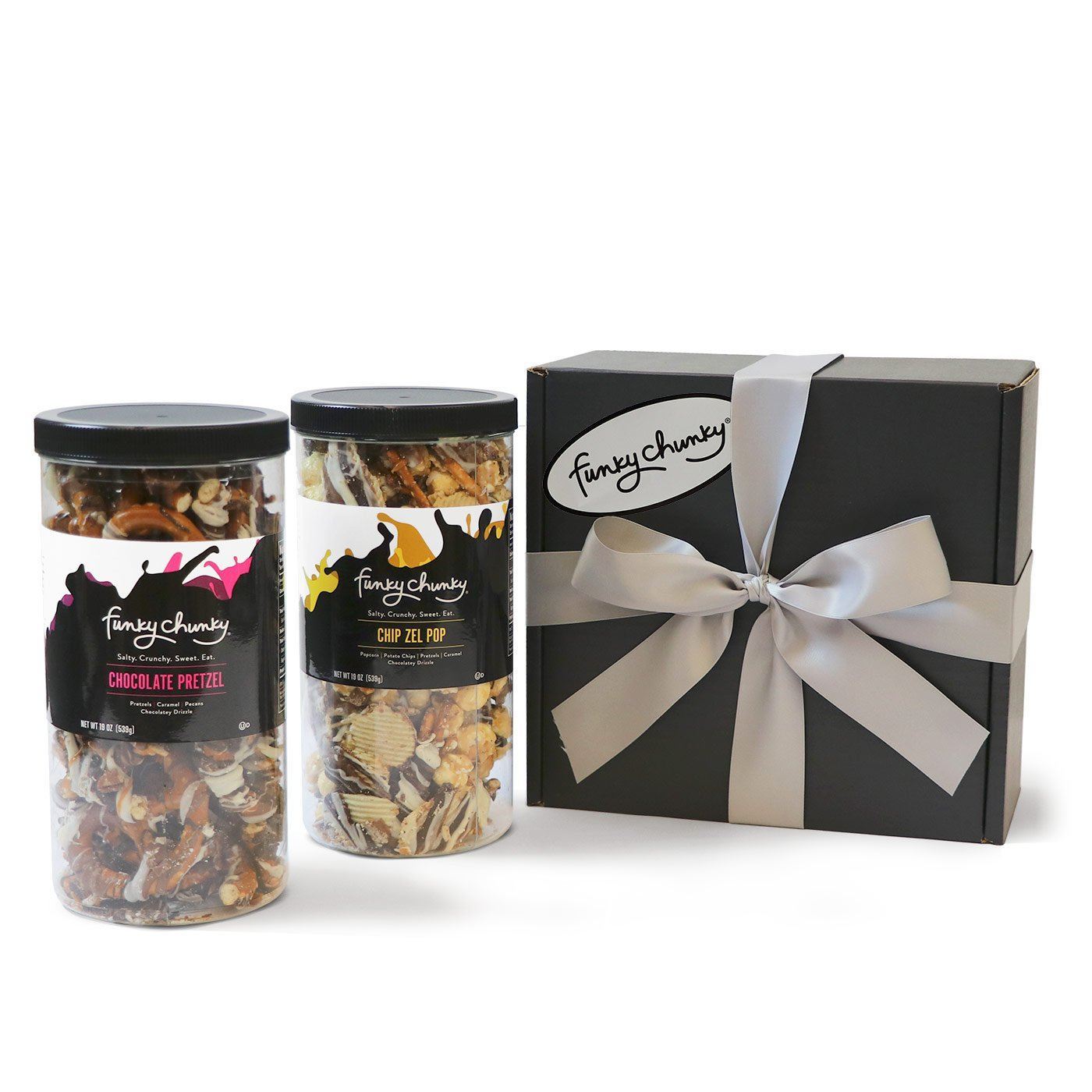 Salty Sweet Duo - Chocolate Pretzel & Chip Zel Pop-Choose your favorite and get two Tall Canisters of salty and sweet flavors together. A combination that makes for the perfect gift for everyone on your list.-Funky Chunky