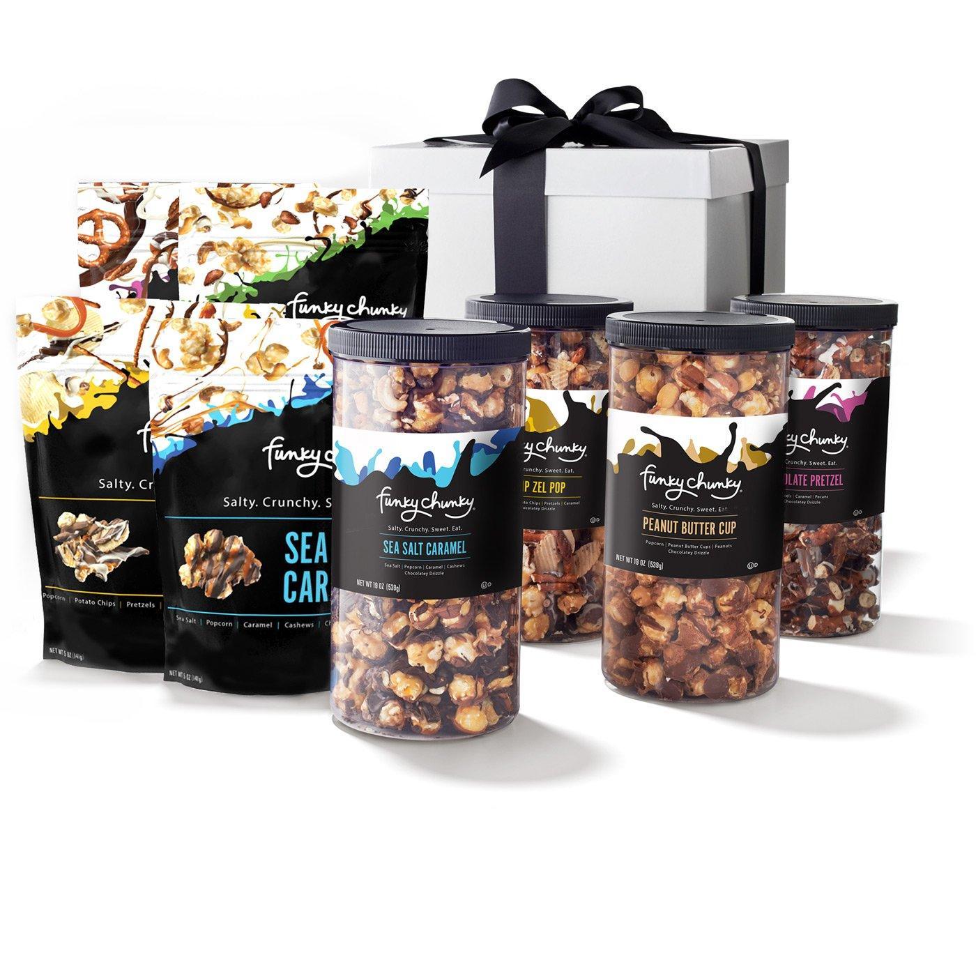 Premier Gift Pack-td {border: 1px solid #ccc;}br {mso-data-placement:same-cell;} Tall canisters of Peanut Butter Cup Popcorn, Chocolate Pretzels, Sea Salt Caramel Popcorn, plus large bags of Chocolate Popcorn, Chocolate Pretzels, Sea Salt Caramel Popcorn and Chip-Zel-Pop. Canisters arrive neatly wrapped in a deluxe gift box with a bow.-Funky Chunky
