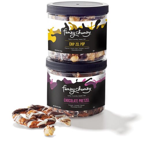 Double Mini Gift Pack-td {border: 1px solid #ccc;}br {mso-data-placement:same-cell;} Features two of our favorite flavors: Chip Zel Pop with crunchy potato chips, salty pretzel sticks and gourmet popcorn drizzled with caramel and three different chocolate-y layers & Chocolate Pretzel with caramel and chopped pecans, drenched in three chocolates. This gift is a terrific way to make someone's day "Funky!" Contains two 8 oz canisters.-Funky Chunky