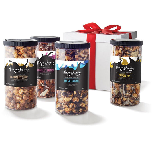 Four Flavor Gift Pack-td {border: 1px solid #ccc;}br {mso-data-placement:same-cell;} Tall canisters of Chip Zel Pop, Sea Salt Caramel, Chocolate Pretzel and Peanut Butter Cup arrive in a deluxe gift box with a bow.-Funky Chunky