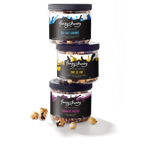 Mini Stack Gift Pack-People young and old alike love this fun sampling of our three top flavors: Sea Salt Caramel Popcorn with milk and dark chocolate, caramel, sea salt and chopped cashews; Chocolate Pretzels with 3 types of chocolates, caramel and chopped pecans, and Chip-Zel-Pop with potato chips, pretzels and caramel popcorn. A great gift when you can't decide which flavor to give! Contains three 8 oz. canisters.-Funky Chunky