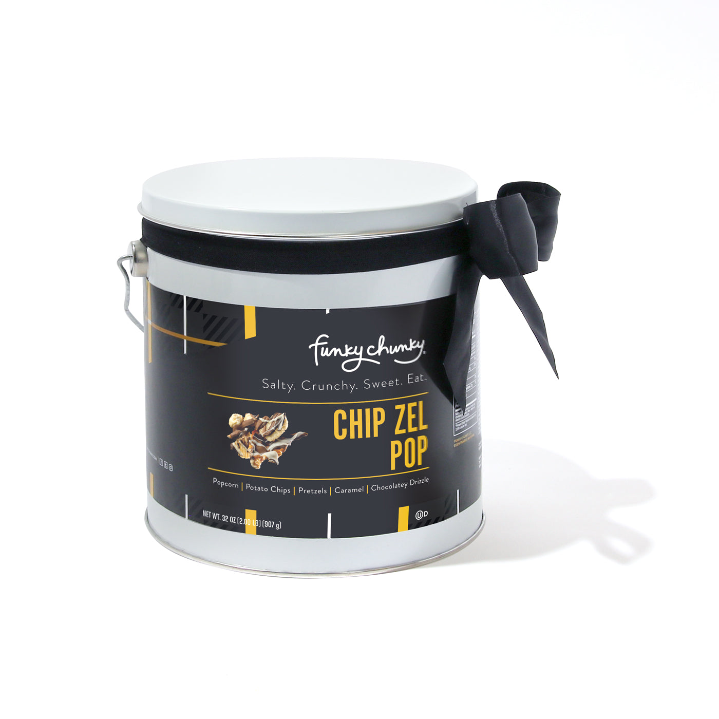 Chip Zel Pop Gift Pail 2 lb-All your cravings satisfied in one bite! Sweet and salty, chewy, crispy and crunchy, Chip Zel Pop gourmet popcorn is an incredible marriage of flavors that will keep you wanting more. Made with crisp potato chips, pretzel sticks, and buttery caramel popcorn - mixed together and drizzled with thick caramel and dark, milk and white chocolatey goodness.-Funky Chunky