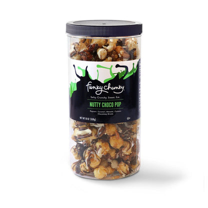 Nutty Choco Pop 19 oz-td {border: 1px solid #ccc;}br {mso-data-placement:same-cell;} A little nutty; a lot chocolatey. One of our original and most adored gourmet popcorn recipes, this gourmet caramel popcorn arrives loaded with nuts - big almonds and cashews glazed to perfection. Drizzled with dark, milk and white chocolatey goodness, we then break it up into mouth-watering chunks. Some of the best chocolate covered popcorn you'll ever have!-Funky Chunky