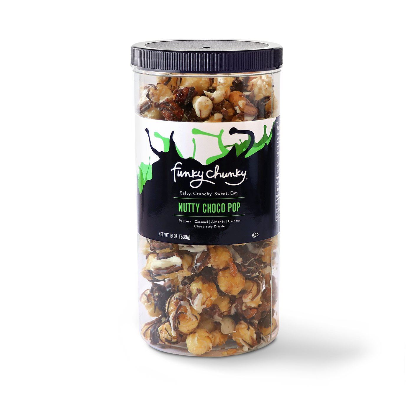 Tall Canisters (19oz.)-This tall, re-sealable canister of popcorn and pretzel mixes are our most popular size and makes a great office party favor, hostess or business gift. Each canister contains nineteen gourmet popcorn confection servings.-Funky Chunky