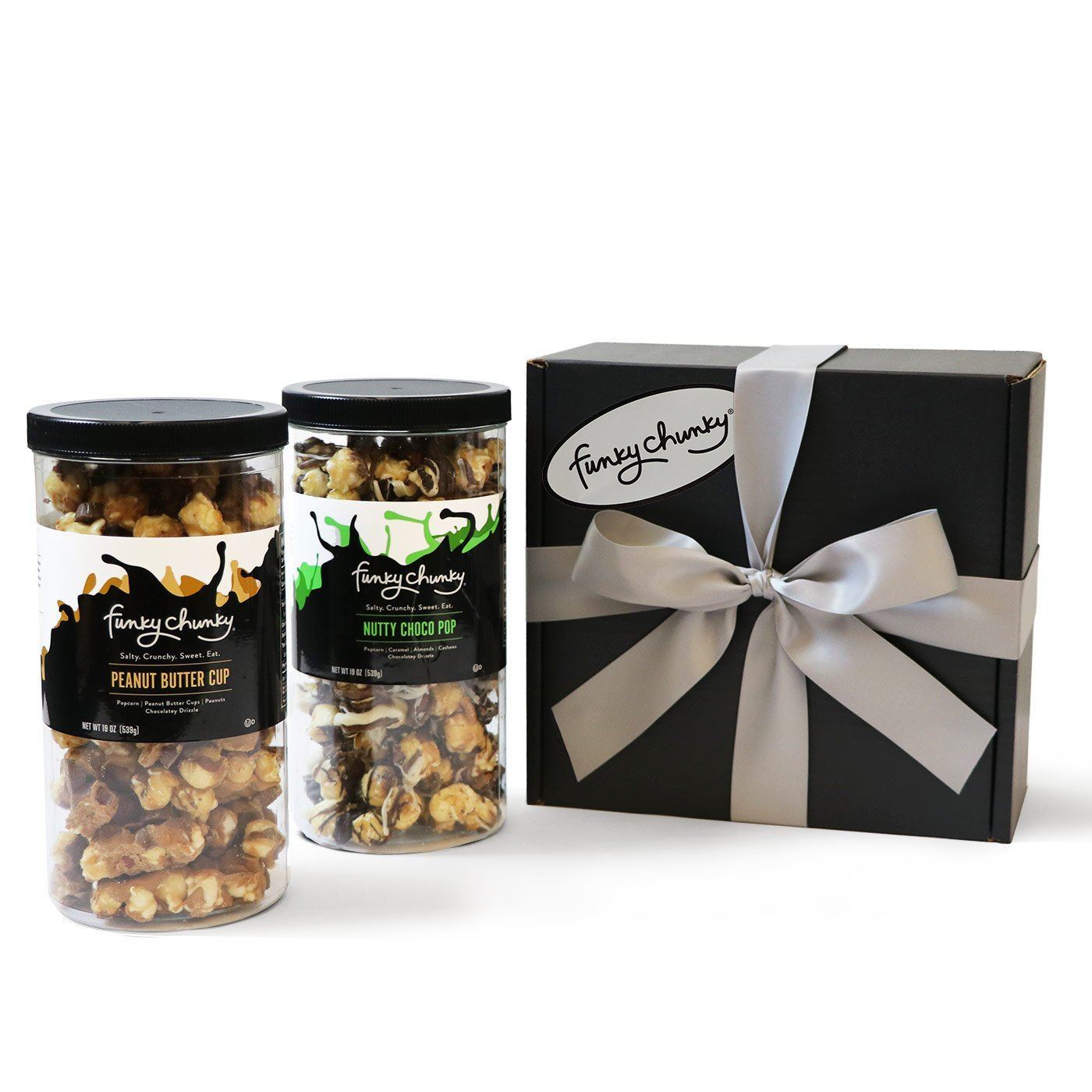 Salty + Sweet Care Package-Choose two of their favorite Funky Chunky snack flavors for a Salty + Sweet care package that's hard to resist. Give this care package as a perk to employees, clients, friends or family near and far.-Funky Chunky