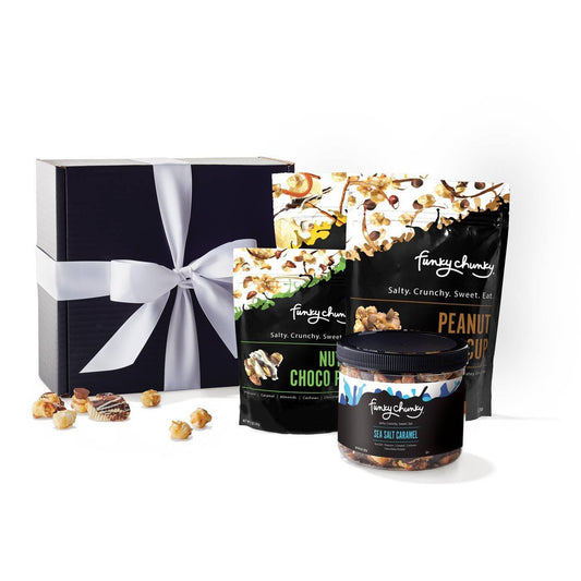 The Choir Gift-Different tones, different notes...it all makes for good music. The Choir is a Gift Pack ideal for a group: staff, colleagues, clients. A single 2 oz bag of Nutty Choco Pop, one 5 oz resealable bag each of Peanut Butter Cup and Chip Zel Pop and finally an 8 oz tub of Sea Salt Caramel. One 2 oz bag + two 5 oz bags + one 8 oz canister.-Funky Chunky