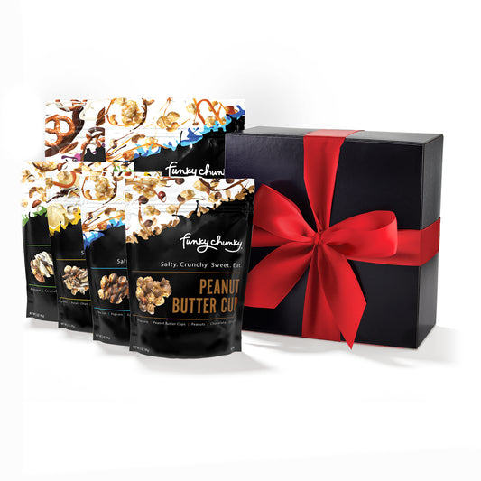 Funky Box-Our Funky Box contains 2 large bags of Chocolate Pretzel and Sea Salt Caramel, as well as 4 smaller bags of Peanut Butter Cup, Nutty Choco Pop, Sea Salt Caramel Popcorn and Chip Zel Pop. Contains two 5 oz bags and four 2 oz bags (18 oz).-Funky Chunky