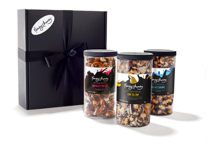 Triple Flavor Gift Pack-Three delicious flavors, three times the indulgence. Create a lasting impression with friends, family and clients alike. Artisan crafted, all flavors are made with our signature popcorn, natural and premium ingredients - real butter, sugar and vanilla. Select your favorite combination below and sit back and enjoy the BIG "Thank You" you'll receive when you send this indulgent gift. Each order delivers 57 indulgent servings of gourmet popcorn!-Funky Chunky