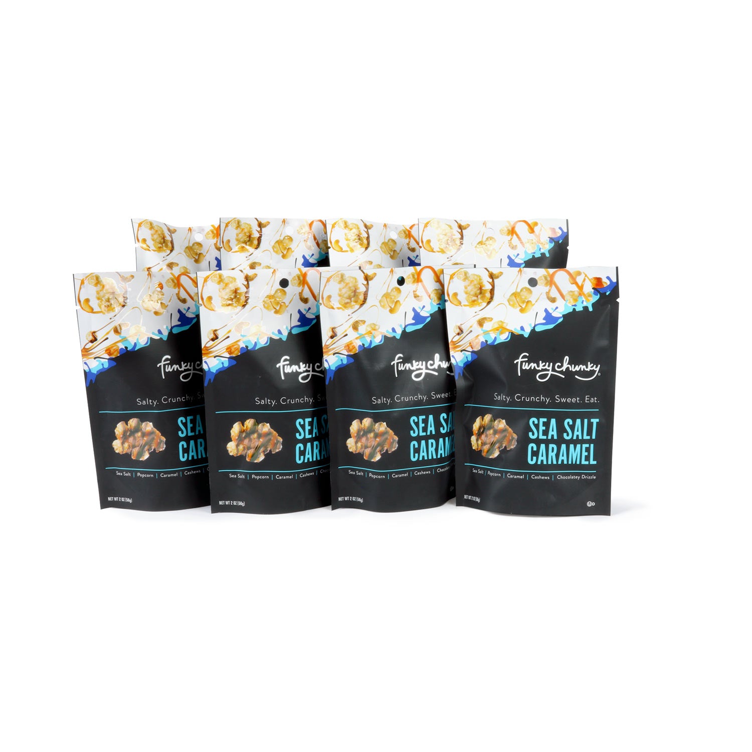 Funky Chunky Gourmet Popcorn, Chocolatey Popcorn, Pretzel, and Nutty Mixes, Sea Salt Caramel Popcorn, 2-Ounce Bags (Pack of 8)