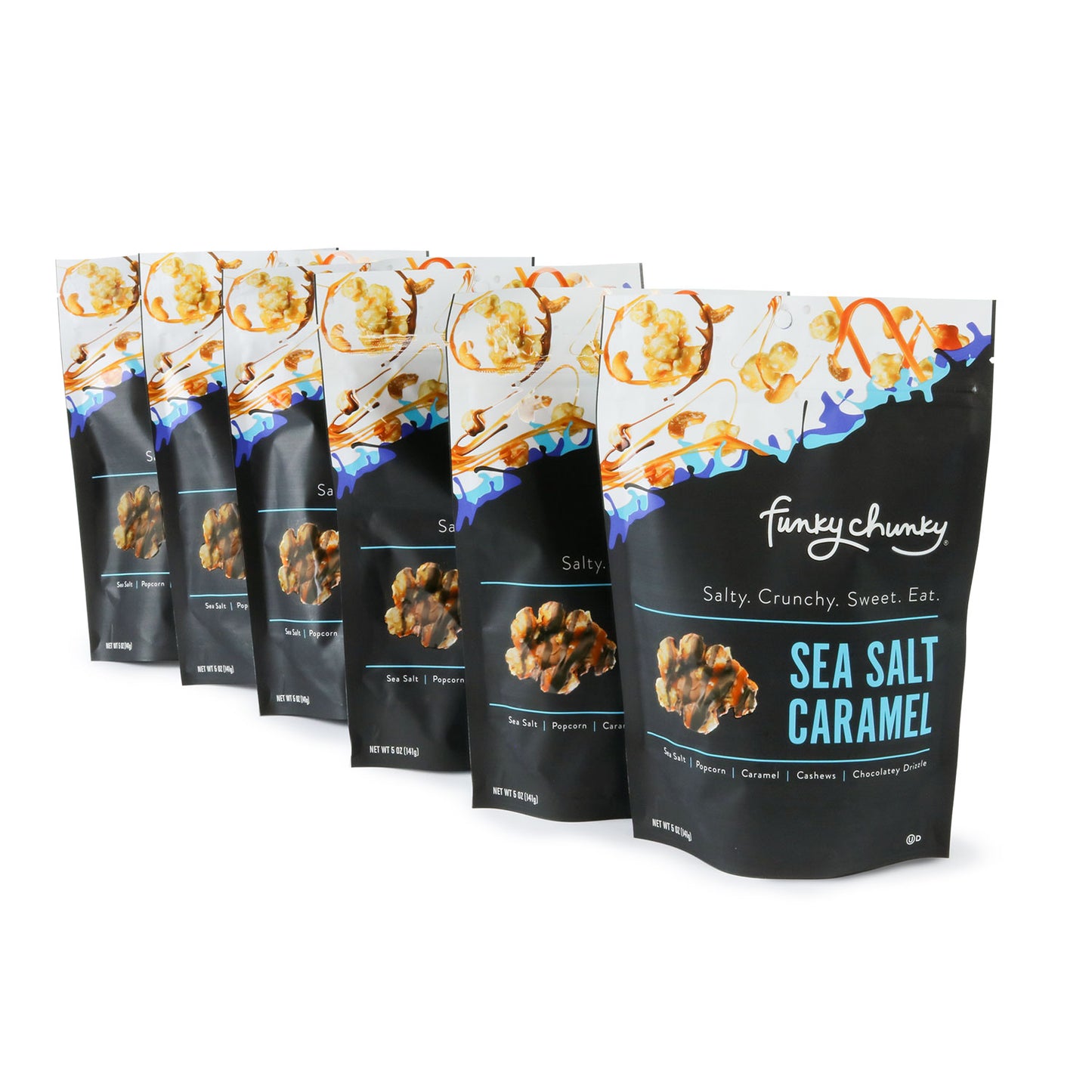 Sea Salt Caramel-td {border: 1px solid #ccc;}br {mso-data-placement:same-cell;} The salty-sweet popcorn treat you’ll crave. We start with delicious caramel popcorn made with real butter and brown sugar. It’s covered in gooey caramel, the perfect amount of sea salt, a sprinkling of roasted cashews and a final drizzle of milk and dark chocolatey goodness.-Funky Chunky