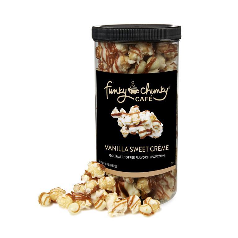 Vanilla Sweet Crème Tall Canister (19oz.)-td {border: 1px solid #ccc;}br {mso-data-placement:same-cell;} Upgrade your sweet tooth. We start with our decadent, buttery caramel popcorn and then drizzle vanilla sweet crème white chocolatey goodness, chewy caramel, and a sprinkle of white chocolate covered espresso beans.-Funky Chunky