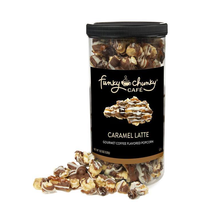 Caramel Latte Tall Canister (19oz.)-td {border: 1px solid #ccc;}br {mso-data-placement:same-cell;} Your favorite sip is now your favorite sweet! This gourmet popcorn indulgence has all the flavors of a delicious caramel latte. We start with our decadent buttery caramel corn, then drizzle this caramel latte treat with white and milk chocolatey goodness and a sprinkle of dark chocolate covered espresso beans.-Funky Chunky