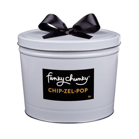 Chip Zel Pop Deluxe Gift Tin 5 lb-td {border: 1px solid #ccc;}br {mso-data-placement:same-cell;} All your cravings satisfied in one bite! Sweet and salty, chewy, crispy and crunchy, Chip Zel Pop gourmet popcorn is an incredible marriage of flavors that will keep you wanting more. Made with crisp potato chips, pretzel sticks, and buttery caramel popcorn - mixed together and drizzled with thick caramel and dark, milk and white chocolatey goodness.-Funky Chunky